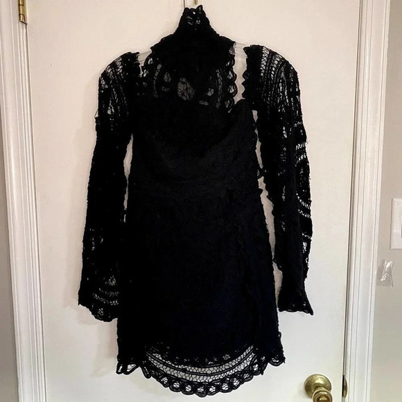 Asilio Black Love Lockdown Lace Flutter Sleeve Turtleneck Cocktail Dress - Picture 2 of 11